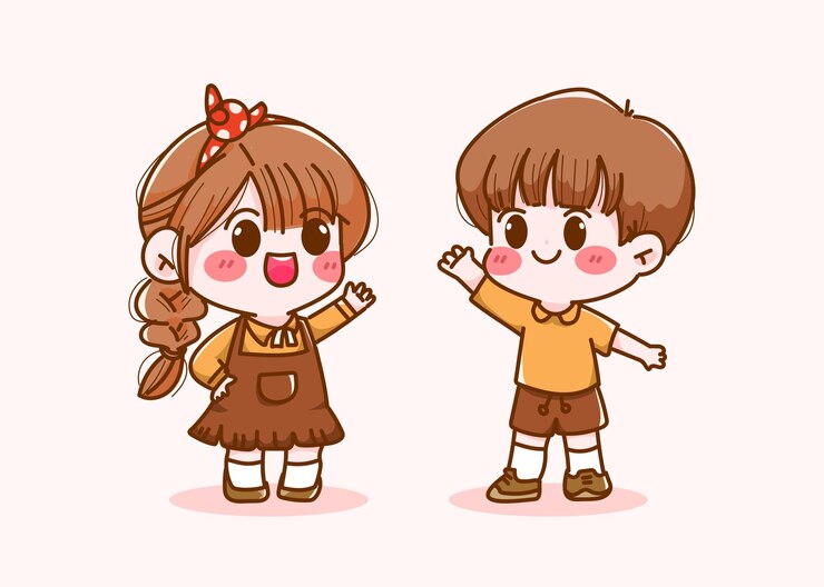 무료 Vector 손으로 그린 카와이 여자아이와 남자아이가 서서 흔들고 있는 귀여운 만화 터 일러스트레이션