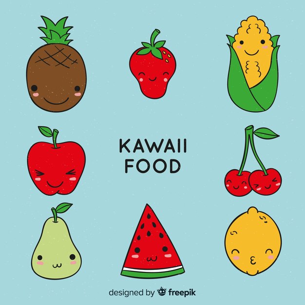 Hand drawn kawaii healthy food collection