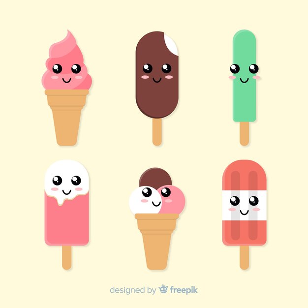 Hand drawn kawaii ice cream characters set