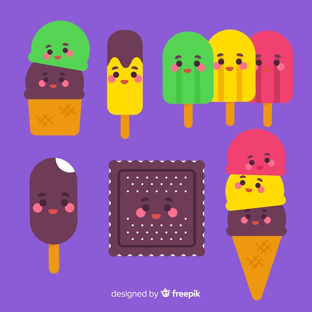 Hand drawn kawaii ice cream characters set