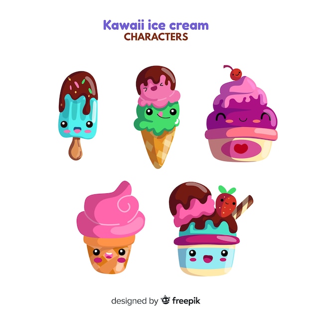 Hand drawn kawaii ice cream characters set