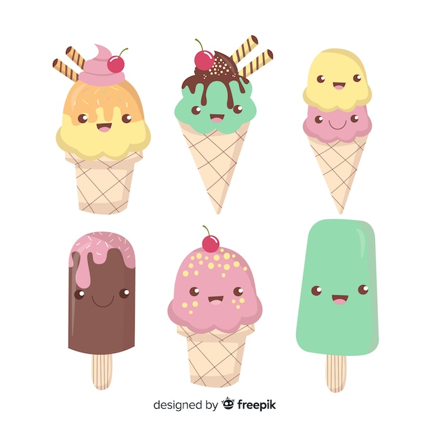 Vettore gratuito collezione di gelato kawaii disegnata a mano