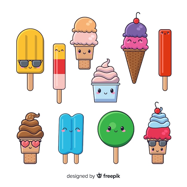 Hand drawn kawaii ice cream collection