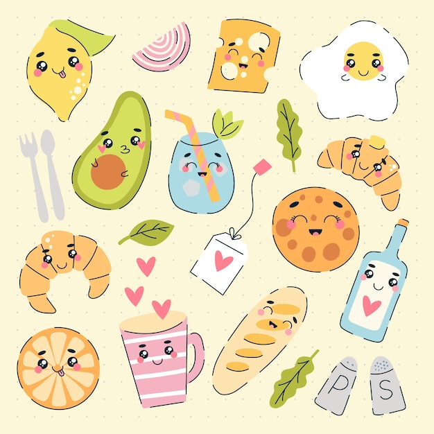 Free vector hand drawn kawaii illustration set