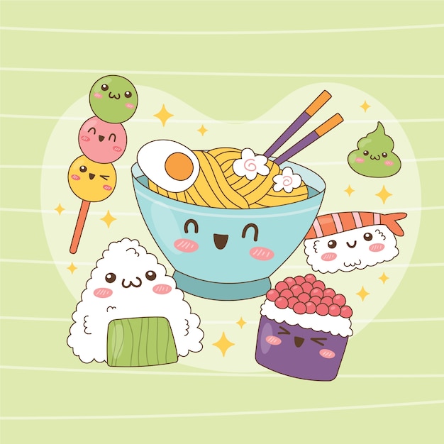 Set di illustrazioni kawaii disegnate a mano