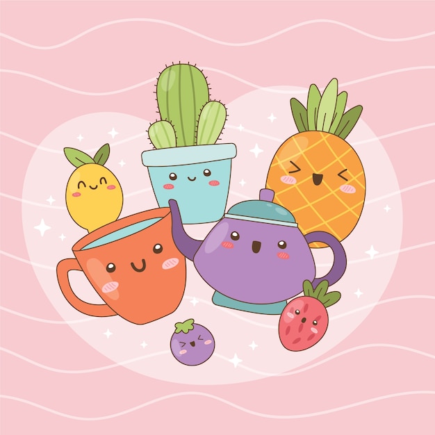 Vettore gratuito set di illustrazioni kawaii disegnate a mano