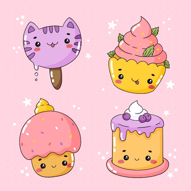 Vettore gratuito set di illustrazioni kawaii disegnate a mano