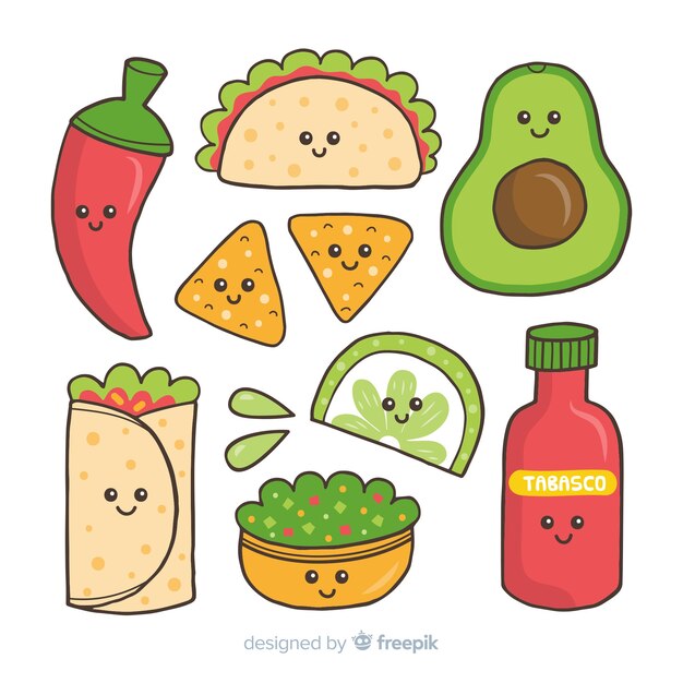 Free Vector hand drawn kawaii mexican food pack