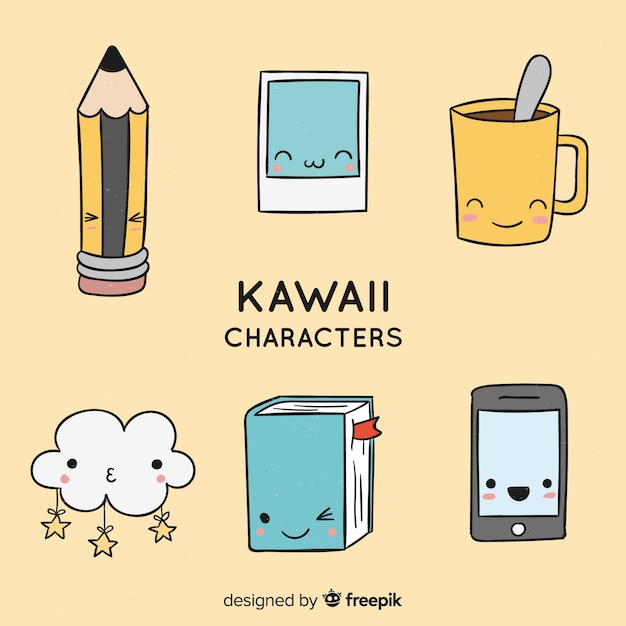 Hand drawn kawaii objects collection