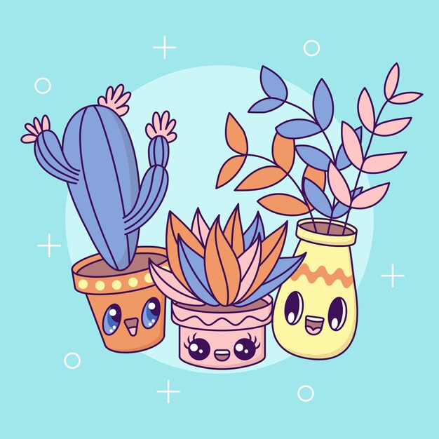 Hand drawn kawaii plants illustration