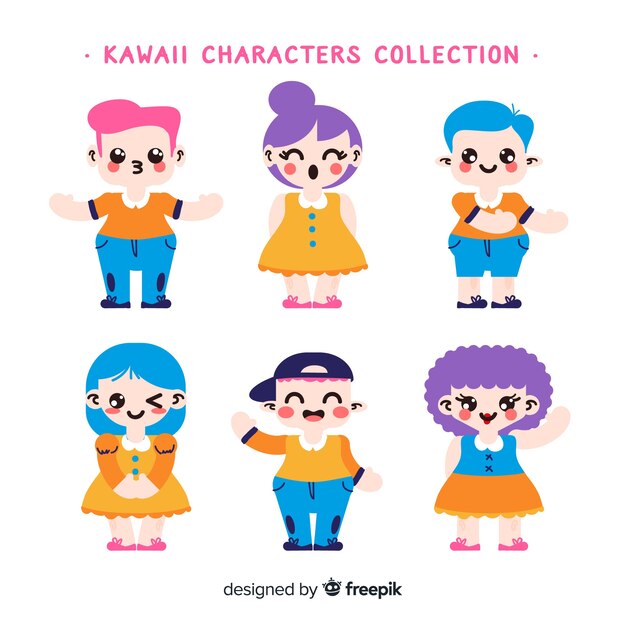 Hand drawn kawaii smiling characters collection