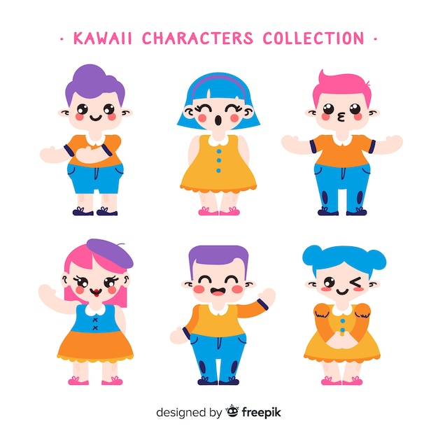 Hand drawn kawaii smiling characters collection