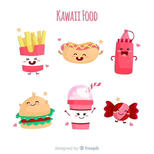 Hand drawn kawaii smiling fast food collection