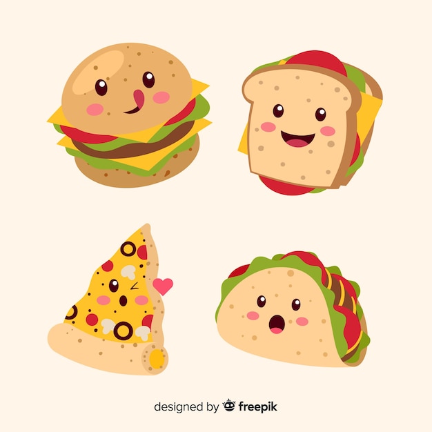 Hand drawn kawaii smiling food collection