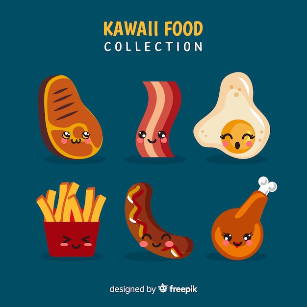 Hand drawn kawaii smiling food collection