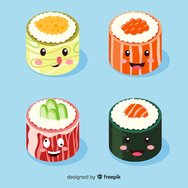 Vettore gratuito collezione di sushi sorridente kawaii disegnato a mano