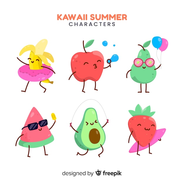 Collezione di personaggi kawaii d'estate disegnati a mano