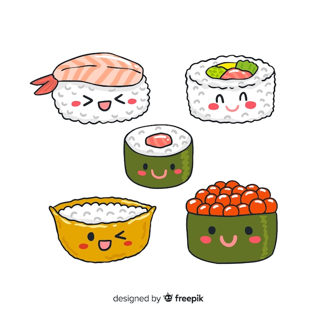 Collezione di sushi kawaii disegnata a mano