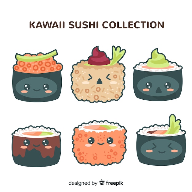 Бесплатное векторное изображение Коллекция рисованной каваи суши