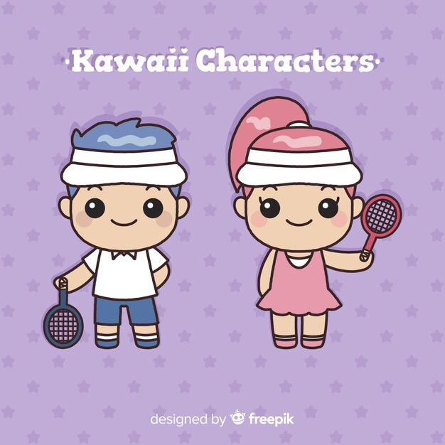 Hand drawn kawaii tennis player collection