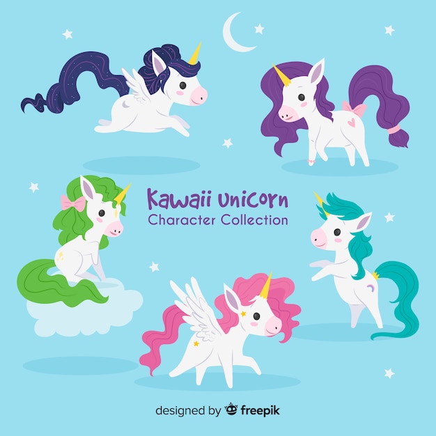 Нарисованная от руки коллекция kawaii unicorn