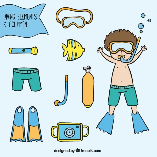 Free vector hand drawn kid with diving elements