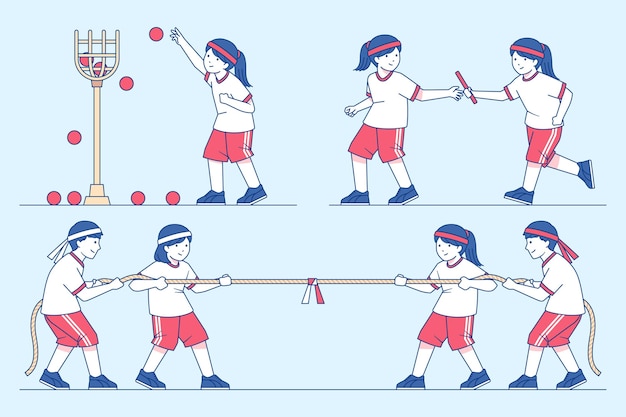 무료 벡터 살아남은 스포츠 일본 축제를 손으로 그린 아이들