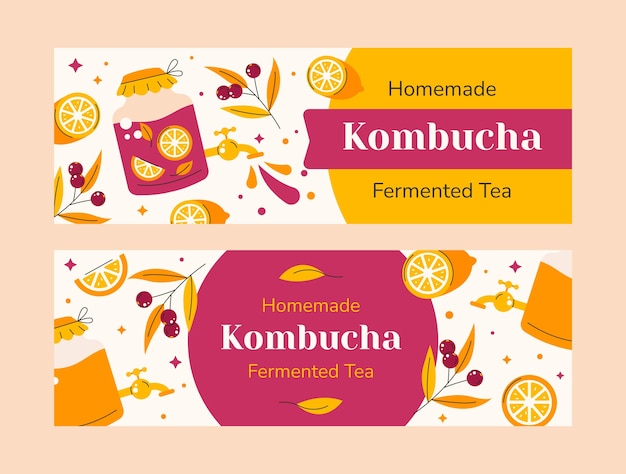 무료 벡터 손으로 그린 kombucha 가로 배너