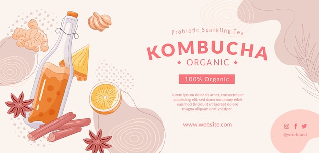 Vettore gratuito modello orizzontale kombucha disegnato a mano