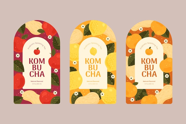 Free vector hand drawn kombucha label collection