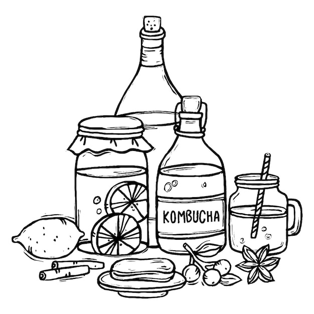 재료와 손으로 그린 kombucha 차 그림