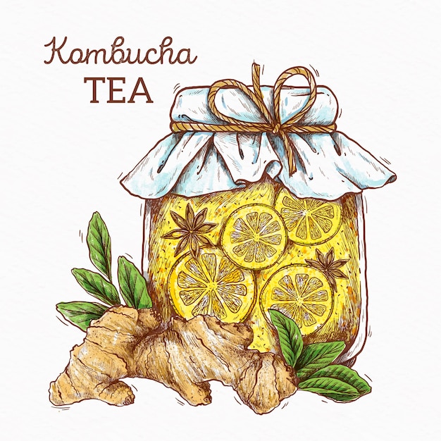 손으로 그린 kombucha 차