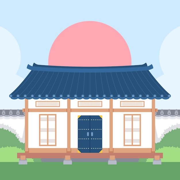 Бесплатное векторное изображение Нарисованная рукой иллюстрация корейского дома