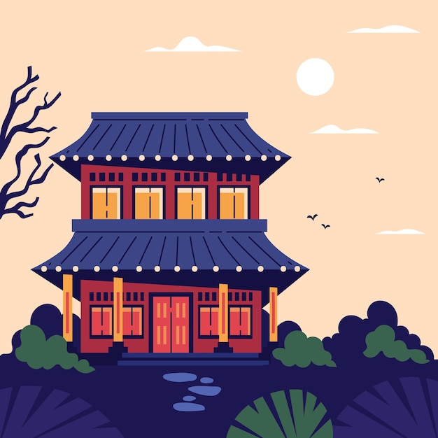 免费矢量手绘插图韩国房子
