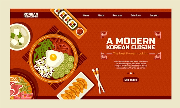 Нарисованный рукой шаблон целевой страницы корейского ресторана