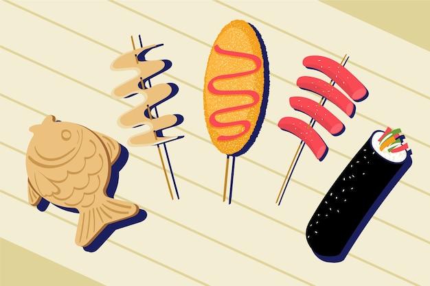 Бесплатное векторное изображение Ручной обращается коллекция элементов корейской уличной еды