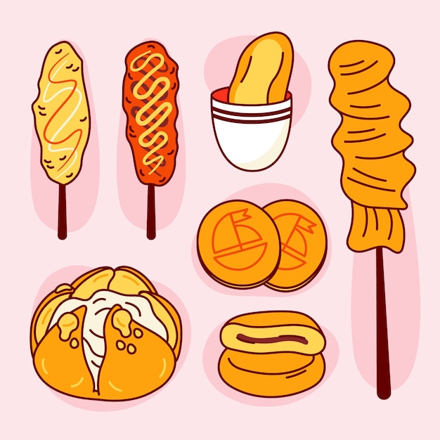 Free vector hand drawn korean street food element collection