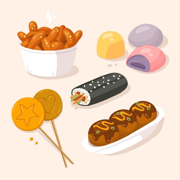 손으로 그린 한국 길거리 음식 요소 컬렉션
