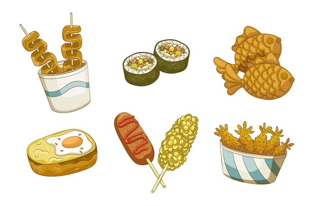 Free vector hand drawn korean street food element collection