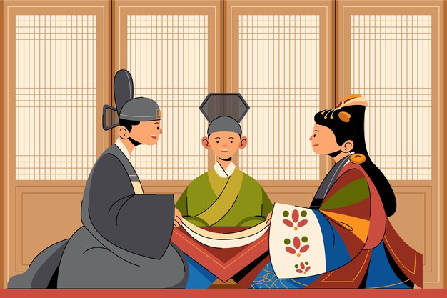 Vettore gratuito illustrazione di matrimonio coreano disegnato a mano