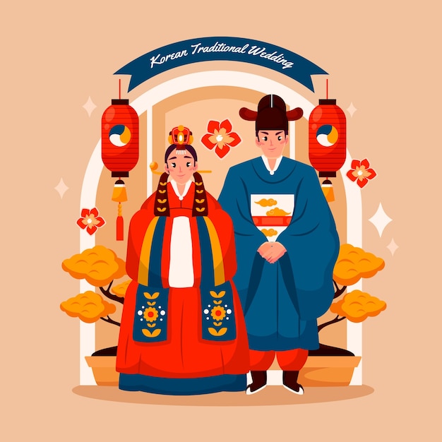 Бесплатное векторное изображение Ручной обращается корейская свадебная иллюстрация