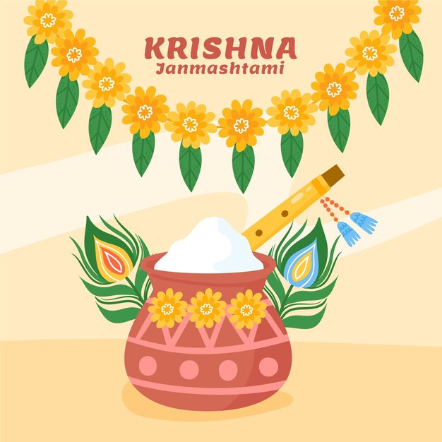 Vettore gratuito illustrazione disegnata a mano di krishna janmashtami