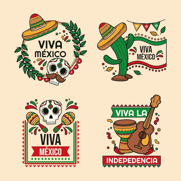 Коллекция нарисованных вручную этикеток для празднования независимости мексики