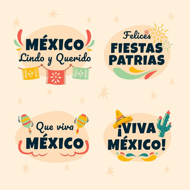 Hand drawn labels collection for mexico independence celebration