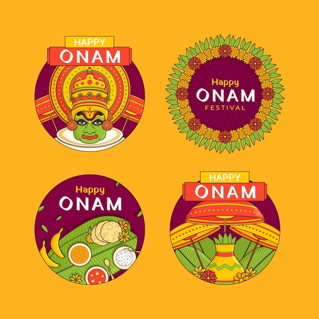 Free vector hand drawn labels collection for onam festival celebration