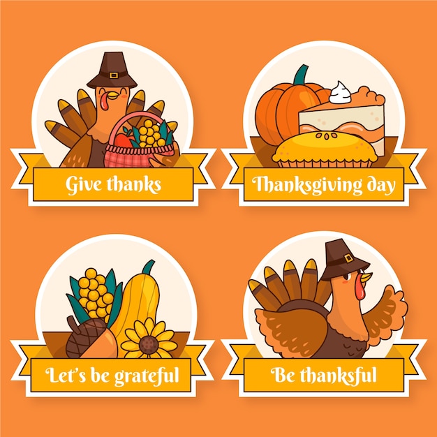 Free vector hand drawn labels collection for thanksgiving celebration