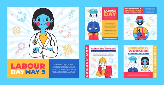 Free vector hand drawn labor day instagram posts collection