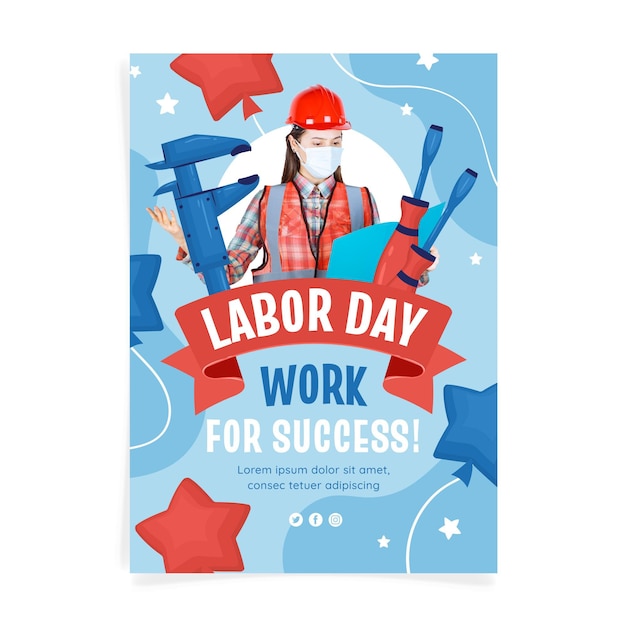 Free vector hand drawn labor day vertical flyer template with photo