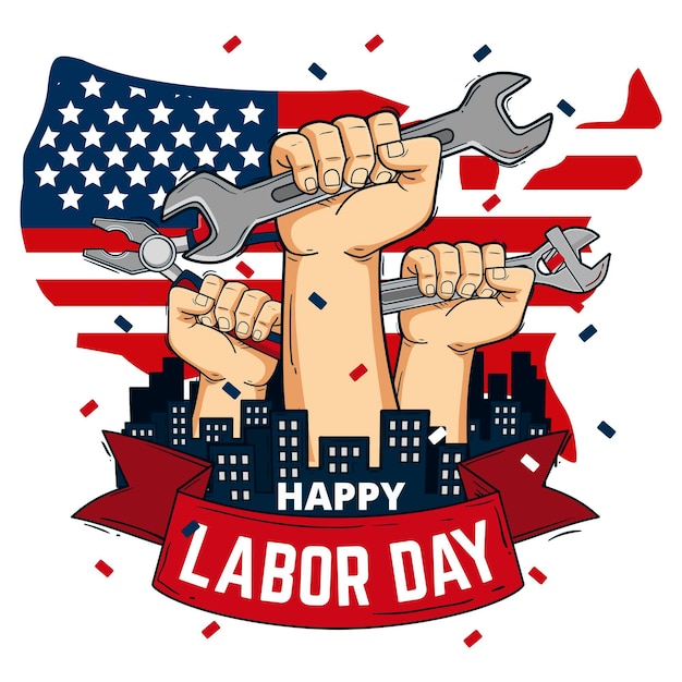 Hand drawn labor day with hands and tools