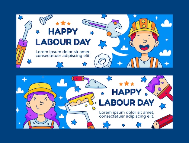 Free vector hand drawn labour day horizontal banners pack